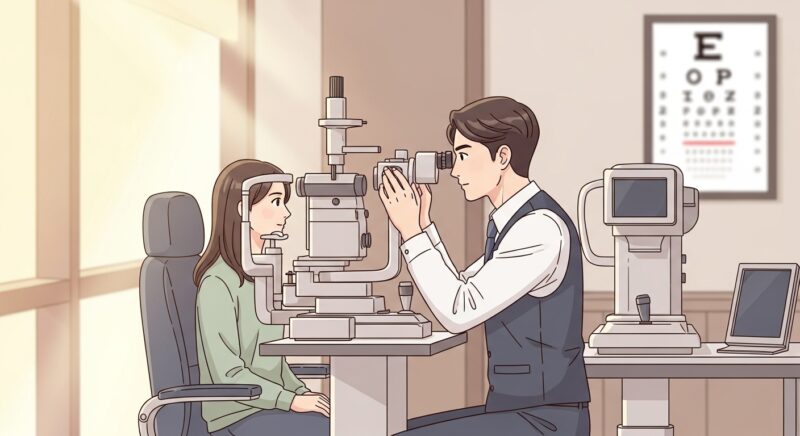 안경사가 검안 장비로 시력 검사하는 전문 작업 현장 모습