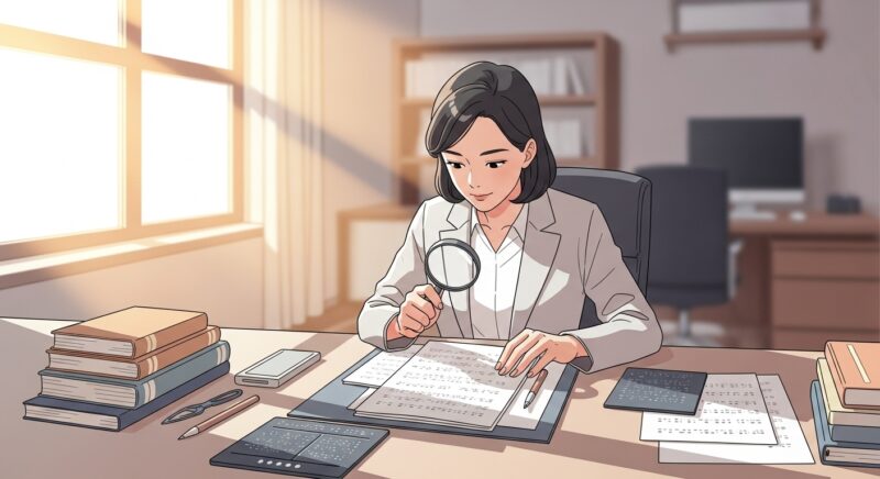 점역·교정사가 점자 교재를 교정하며 작업하는 전문 작업실 장면