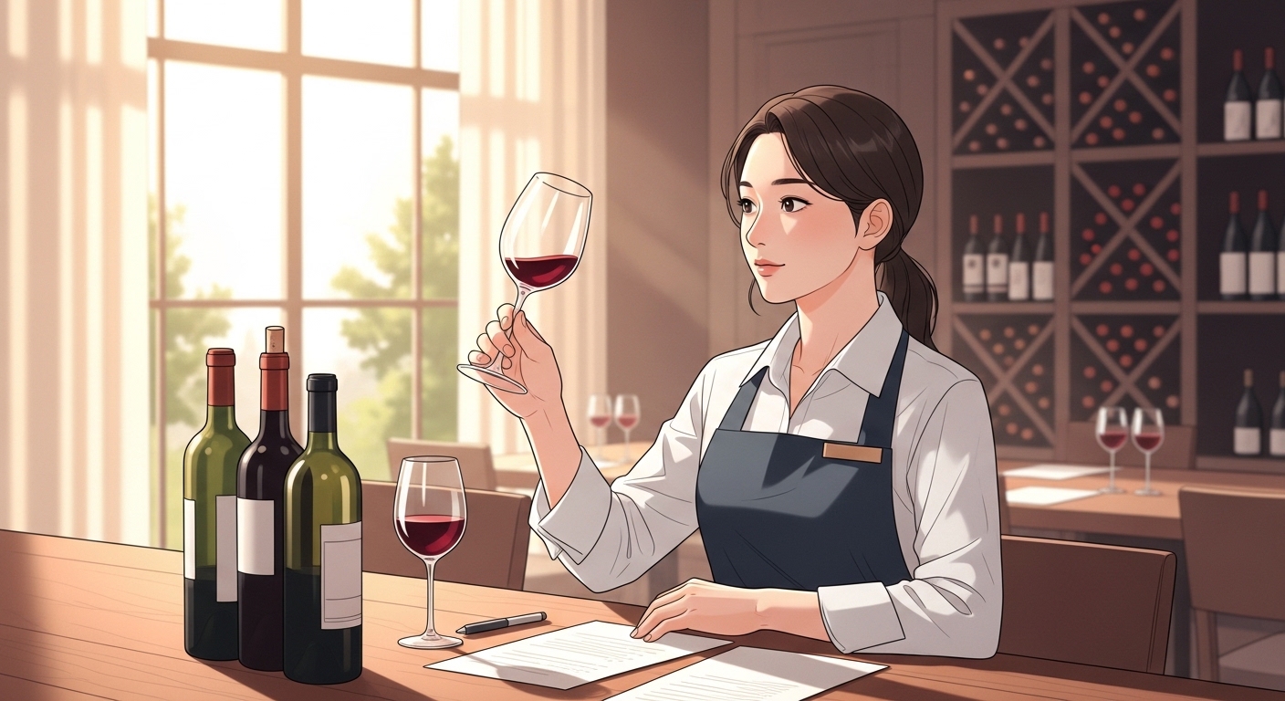 소믈리에가 와인 테이스팅하며 향과 색을 평가하는 실기 장면