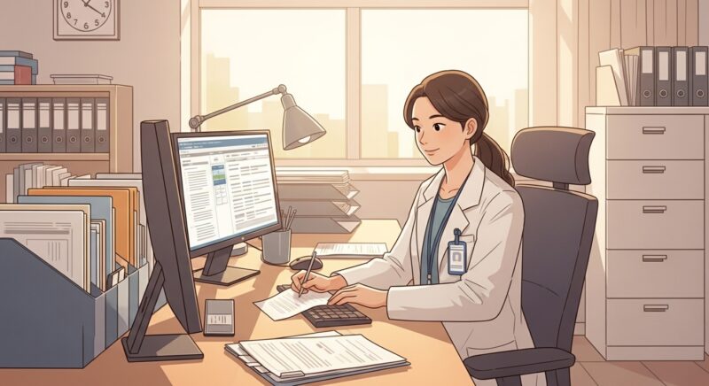의무기록사가 병원에서 환자 차트 정리하며 전자의무기록 입력하는 모습