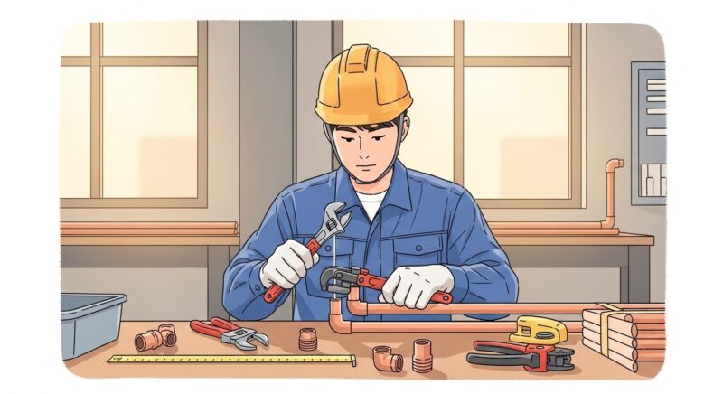 배관기능사 자격증 실기 작업 현장에서 배관 연결 작업 중인 전문가