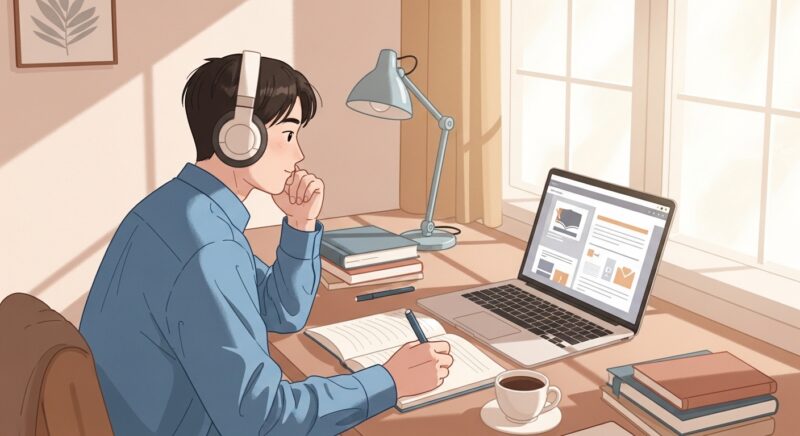 정보처리산업기사 인강 수강 중인 학습자의 노트북 화면과 집중하는 모습