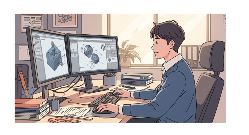 기계설계기사 자격증 실기 작업 현장에서 CAD 프로그램으로 설계하는 모습