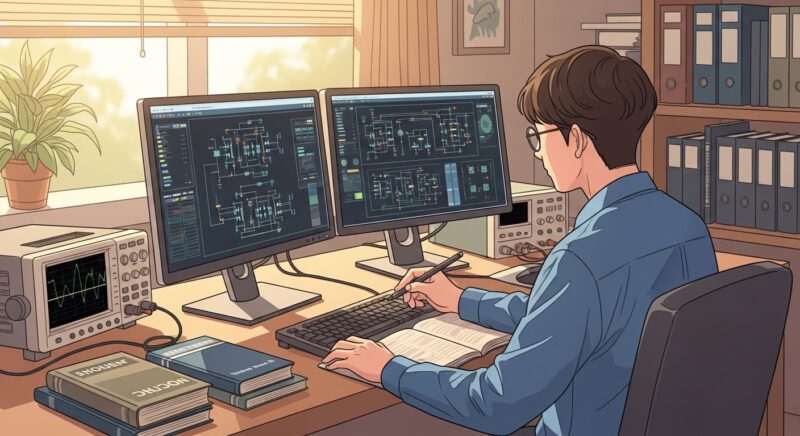 반도체 회로 설계 작업 중인 전문가의 모습