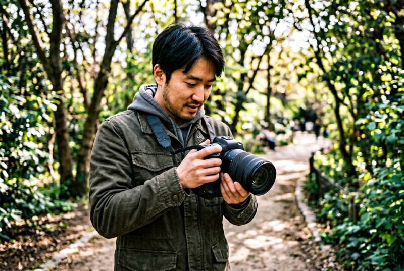 야외에서 DSLR 카메라로 촬영 중인 포토그래퍼