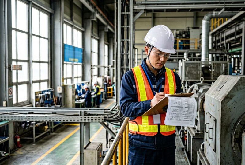 ISO45001 심사원이 현장에서 안전 점검 서류를 검토하는 모습