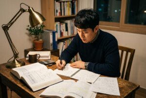 책상에서 가스기술사 교재를 펼쳐 공부하는 남성