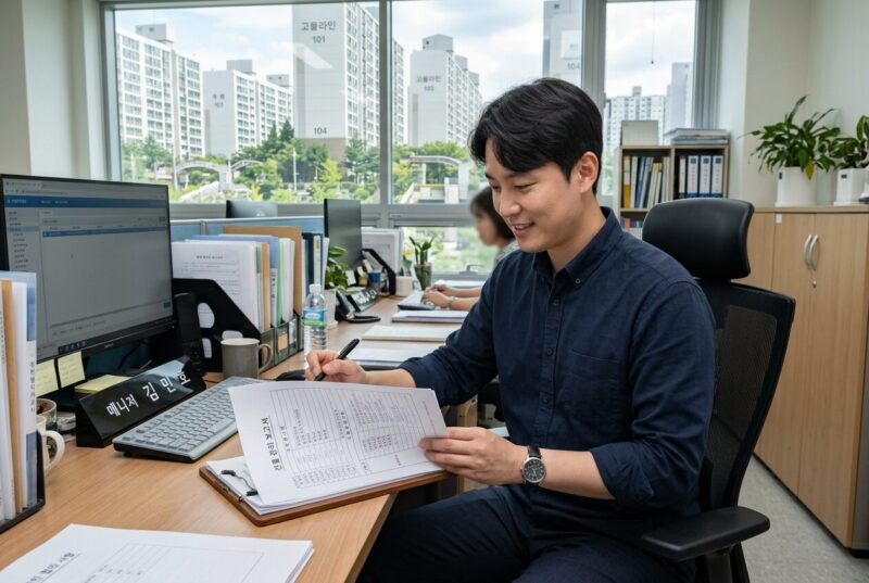 아파트 관리사무소에서 서류를 검토하는 30대 주택관리사