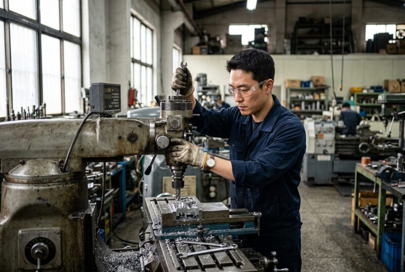 밀링머신 앞에서 작업 중인 남성 기술자