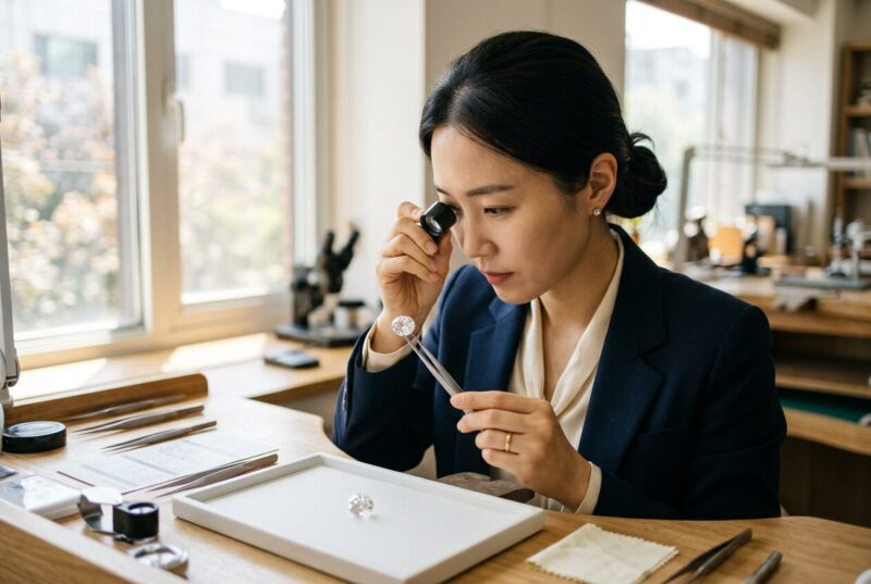 보석감정사가 루페로 다이아몬드를 감정하는 모습