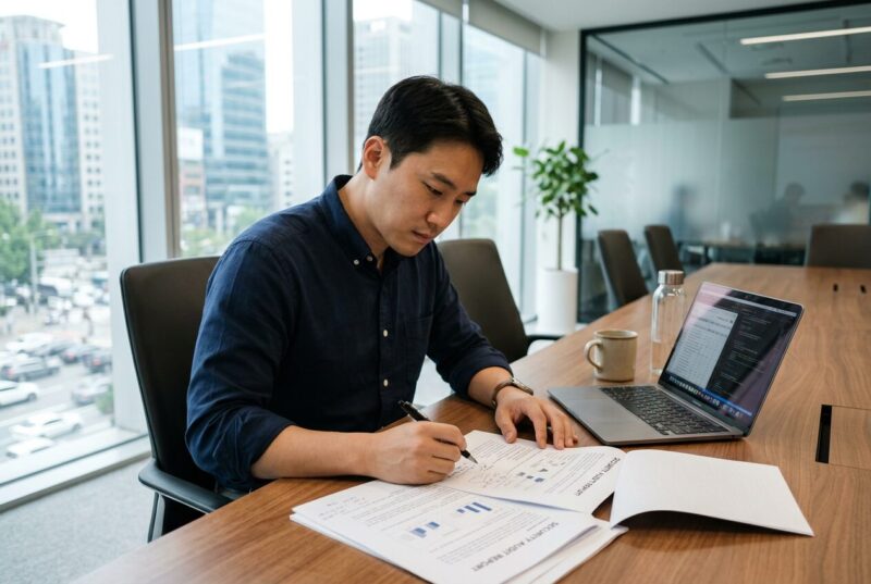 ISMS 심사 현장에서 보안 점검 문서를 검토하는 전문가