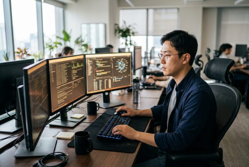 30대 남성이 사무실 환경에서 보안 모니터링 장비를 점검하는 모습