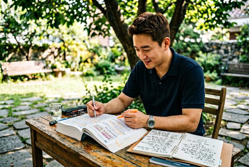 손해평가사 기출문제집을 펼쳐 풀이 중인 30대 남성의 모습