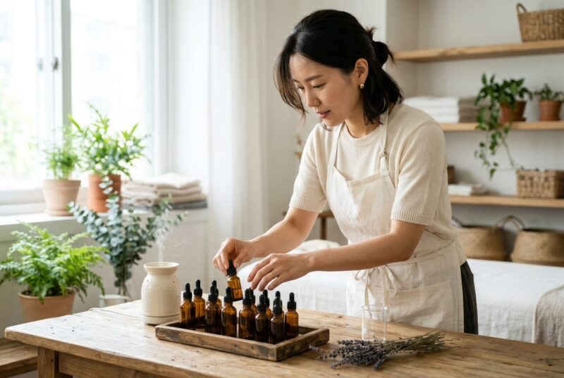 아로마 오일과 도구를 정리하는 테라피스트의 작업 테이블