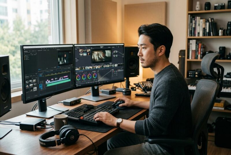 영상 편집 소프트웨어 화면 앞에서 작업 중인 한국인 남성