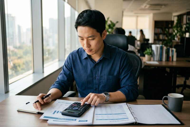 30대 한국인 직장인이 사무실에서 재무 서류를 검토하며 계산기를 두드리는 모습