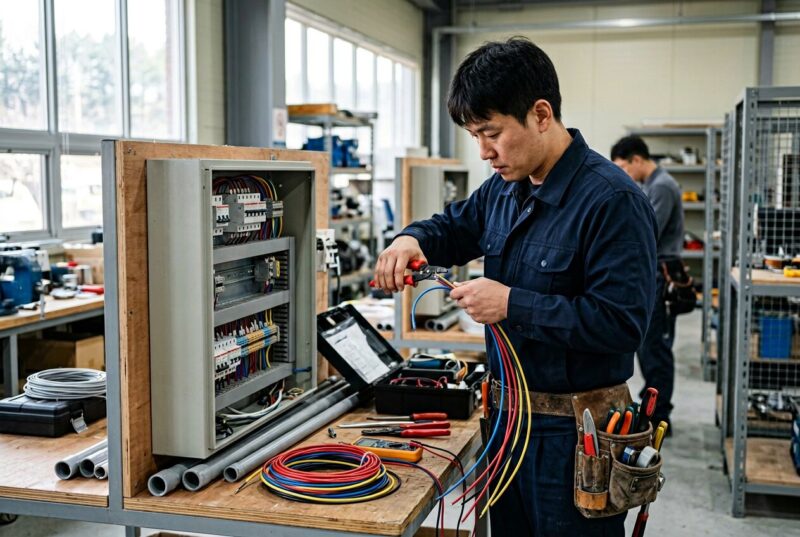 비전공자가 전기산업기사 실기 시험장에서 배선 작업을 수행하는 모습
