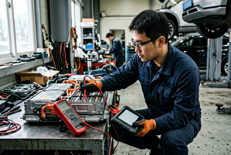 전기자동차 배터리 모듈 점검 중인 정비사