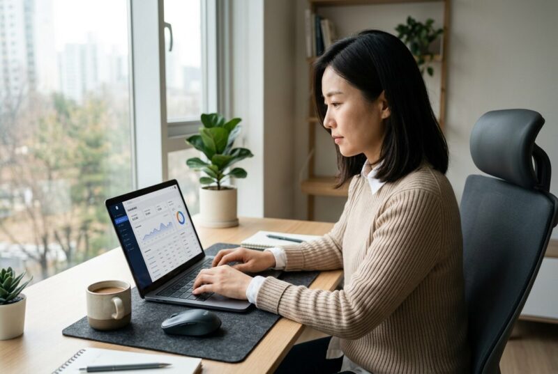 노트북 앞에서 쇼핑몰 관리 화면을 살펴보는 30대 여성