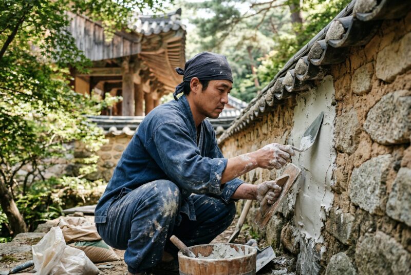 한국 전통 건축물 외벽에 미장 작업 중인 기능자