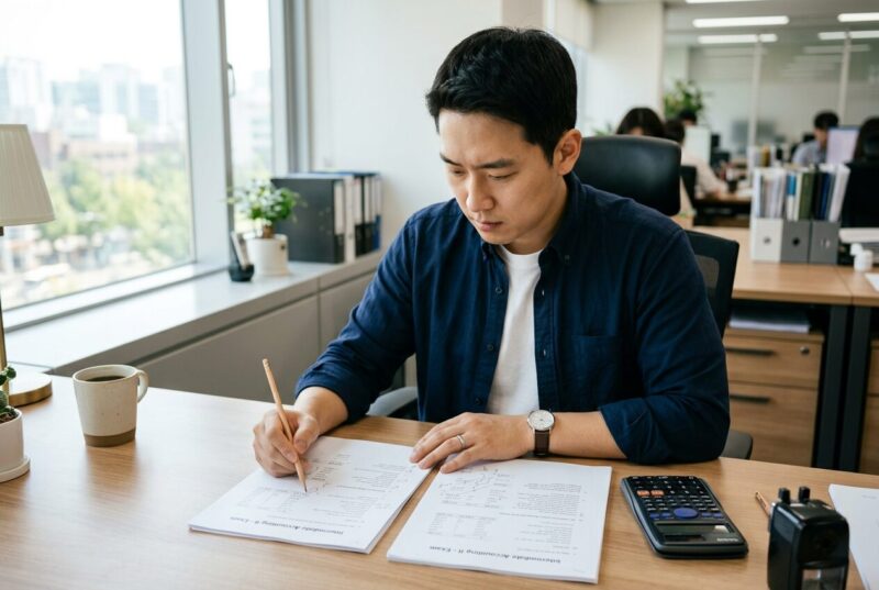 회계관리2급 시험 문제지와 계산기가 놓인 책상