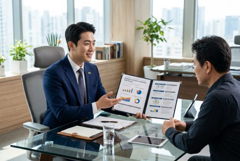 CFP 시험 과목 6가지 전체 정리 - 30대 한국인 남성 재무설계사가 고객과 사무실에서 재무설계 포트폴리오를 상담하는 현장