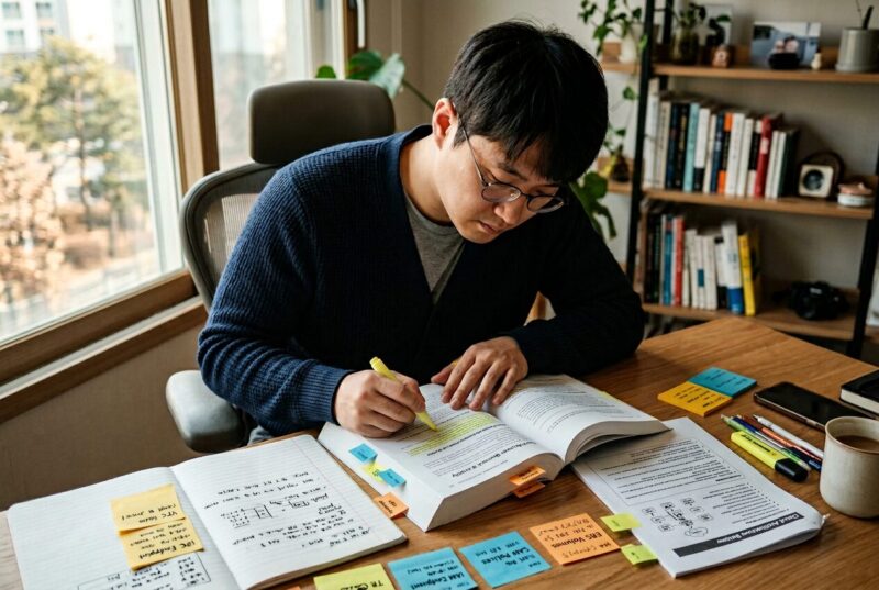 30대 남성이 책상에서 정보처리기사 실기 교재를 펼쳐 단답형 문제를 형광펜으로 표시하는 모습