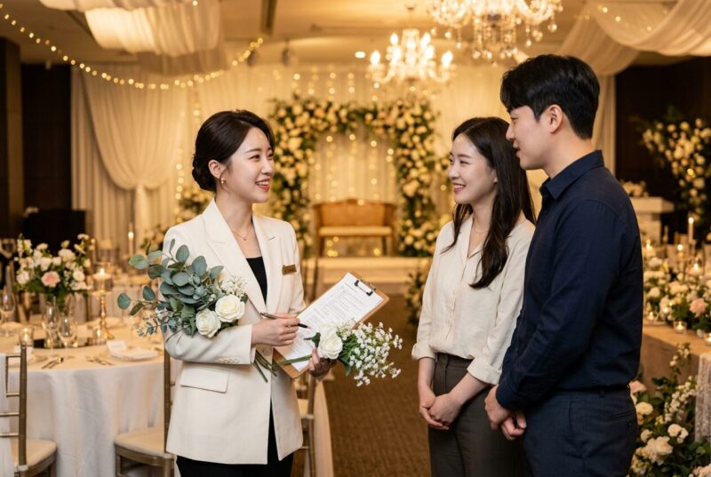 웨딩홀에서 커플과 상담 중인 웨딩플래너 — 웨딩플래너 자격증 취득 후 취업 방법