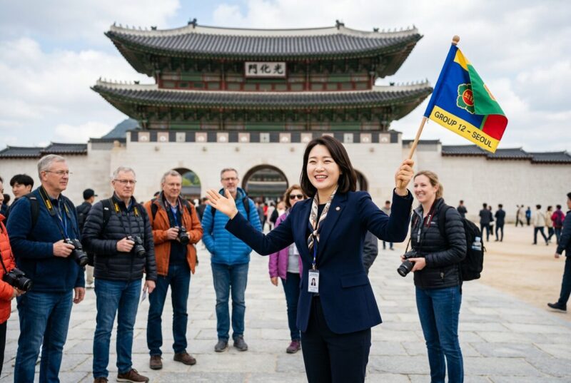 경복궁 앞에서 외국인 관광객을 안내하는 관광통역안내사 프리랜서 수입 얼마나 궁금한 현장 사진