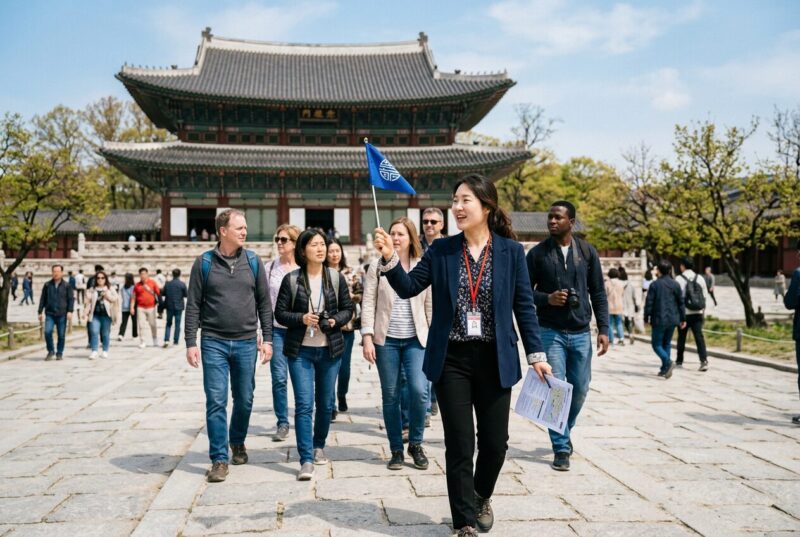 30대 한국인 여성 관광통역안내사가 외국인 관광객을 경복궁에서 영어로 안내하는 현장 사진