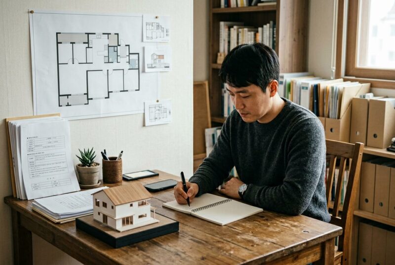 공인중개사 인강 수강 화면을 보며 필기하는 수험생 모습
