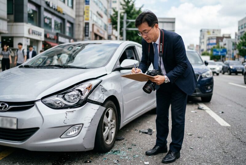 사고 현장에서 파손된 차량을 클립보드와 카메라로 조사하는 손해사정사