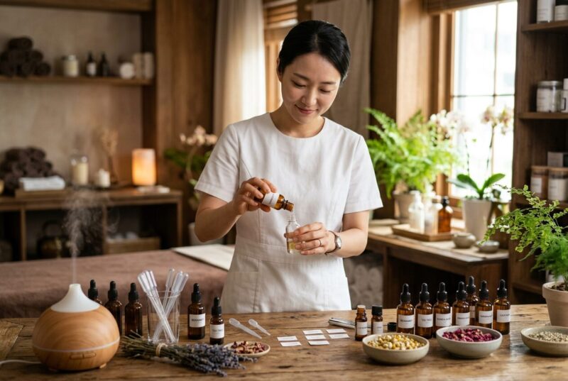 아로마테라피스트 자격증 시험 자주 나오는 문제에 나오는 에센셜 오일 블렌딩 작업 중인 한국인 여성 아로마테라피스트