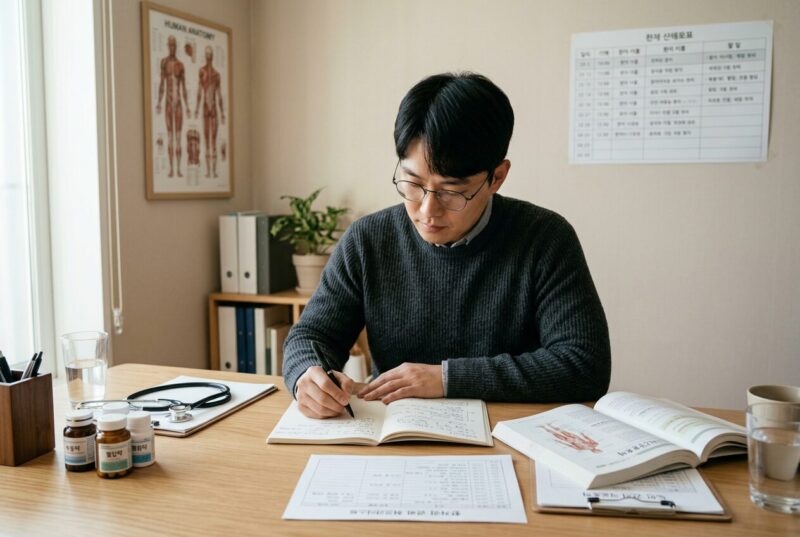 직장인이 사회복지사1급 시험 교재를 펼쳐 놓고 퇴근 후 책상에서 공부하는 장면