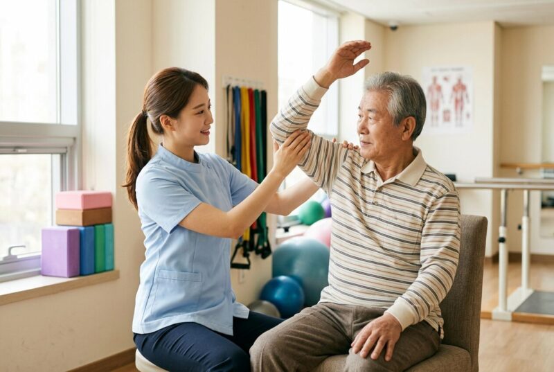 재활실에서 노인과 함께 스트레칭 운동을 진행하는 요양보호사