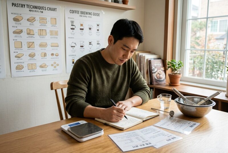 제빵기능사 실기 시험장에서 반죽 온도를 온도계로 측정하는 수험생 모습