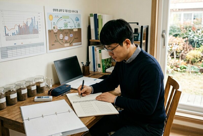 종자기사 실기 시험 준비 중인 수험생이 식물 표본과 교재를 펼쳐놓고 학습하는 모습