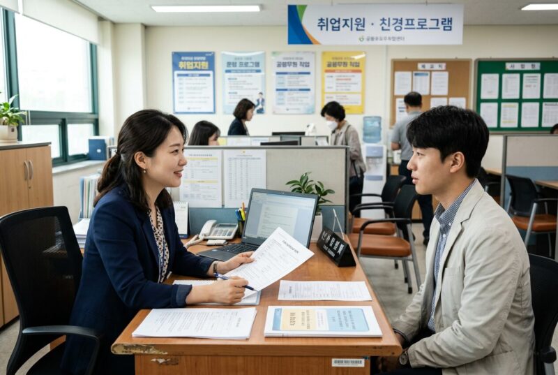 고용센터에서 직업상담사가 구직자와 1:1 상담 중인 현장 — 직업상담사 2급 취업처 정리, 자격증 따고 어디로 가는지부터 보자