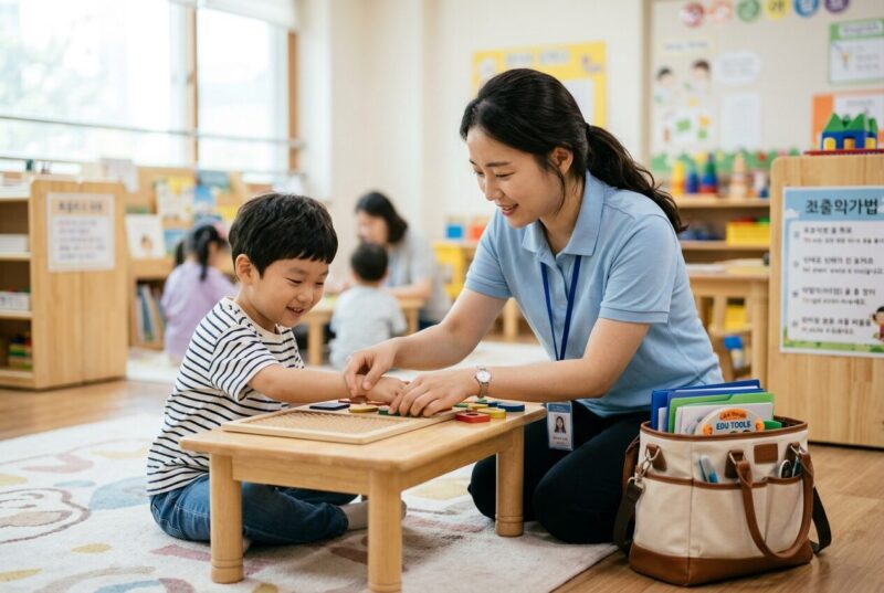 특수교육 관련학과 자격증 연계 가능 학교 출신 특수교사가 장애 아동과 교실에서 손 활동 수업을 진행하는 현장
