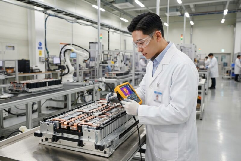 배터리기술전문가가 EV 배터리 셀 모듈을 점검하는 현장