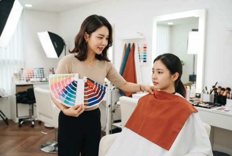 퍼스널컬러리스트가 고객의 얼굴 옆에 컬러 천을 대며 퍼스널컬러를 진단하는 현장