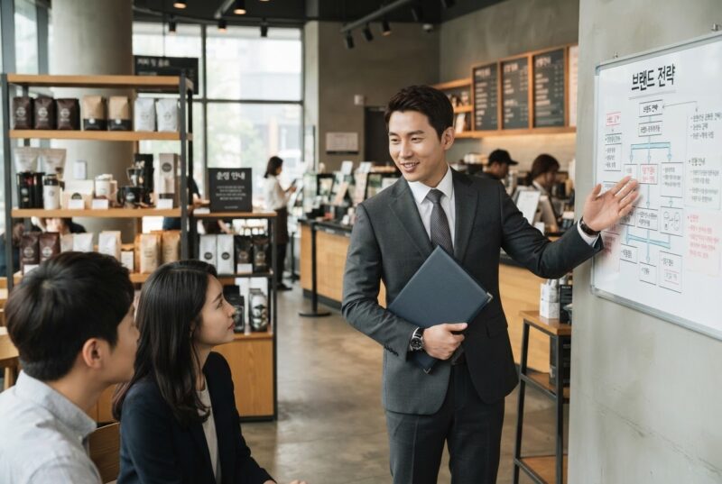 프랜차이즈전문가가 매장 현장에서 브랜드 전략 차트를 설명하는 모습